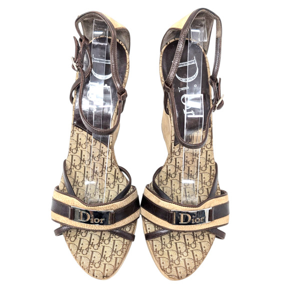 Christian Dior Monogram Strappy Wedge Sandals Brown Beige 39.5 - Picture 1 of 11